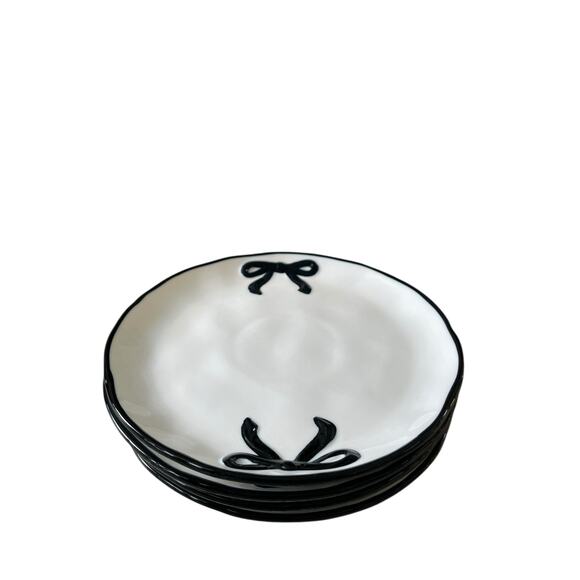 Hand Painted Coquette Black Bow Salad Plates 9in White Ceramic Set of 4 NEW - Picture 11 of 13